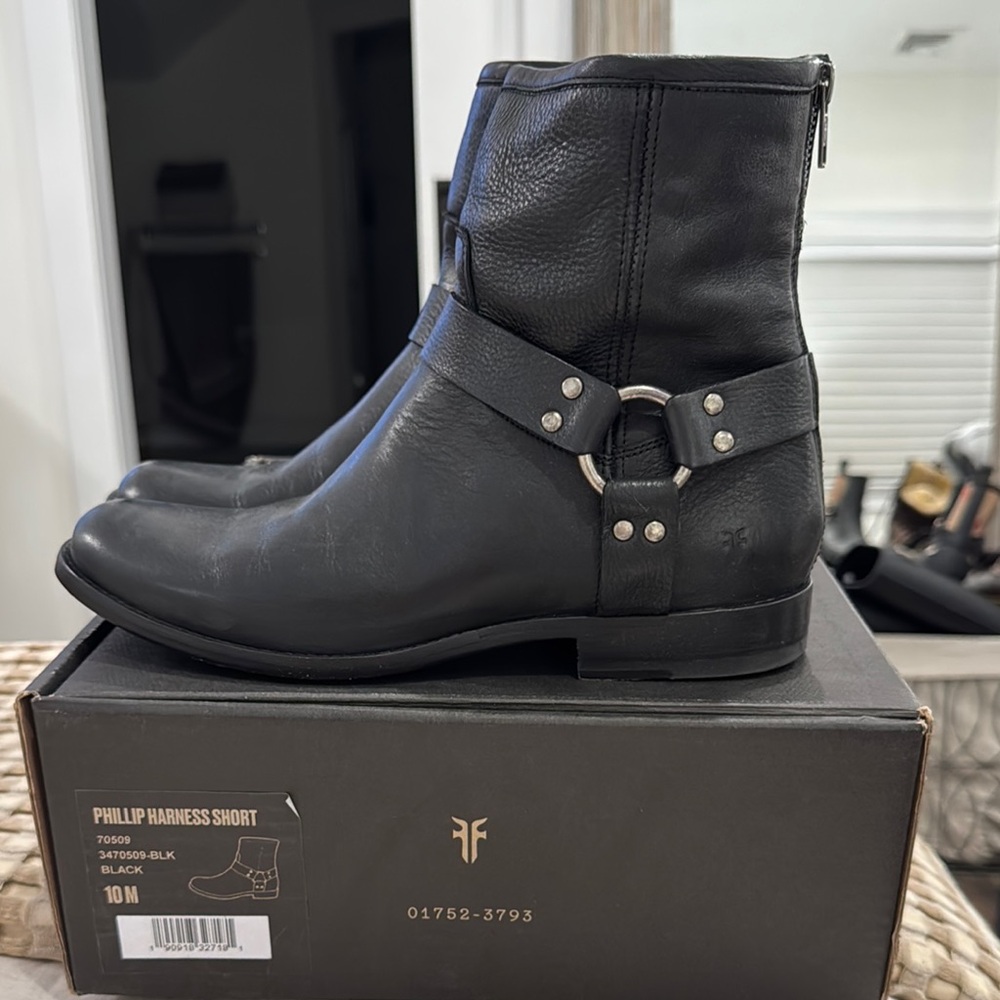 Frye Black Ankle Boots Harness Detail